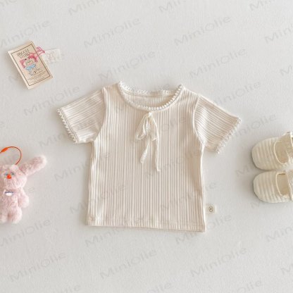 T-shirt da bambina a coste con bordo in pizzo - Beige - 4-5T - image 2