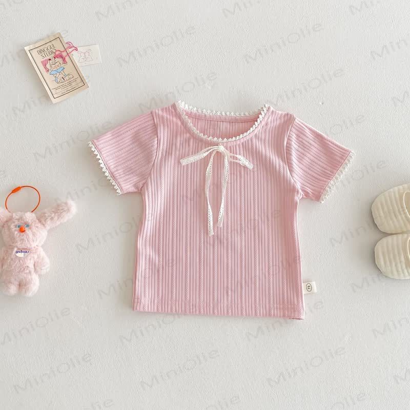 T-shirt da bambina a coste con bordo in pizzo - Rosa - 4-5T - image 3