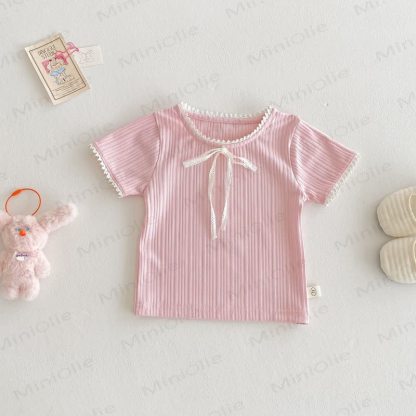 T-shirt da bambina a coste con bordo in pizzo - Rosa - 4-5T - image 3