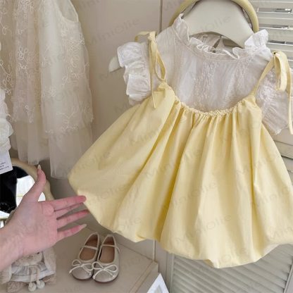 Vestito in cotone con fiocco o canottiera bianca per bambina. - Giallo - 6-7T - image 2