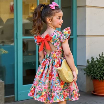 Vestito a trapezio primaverile da bambina con stampa floreale, volant e fiocco. - Rosa - 8-9T - image 1