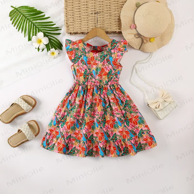 Vestito a trapezio primaverile da bambina con stampa floreale, volant e fiocco. - image 2