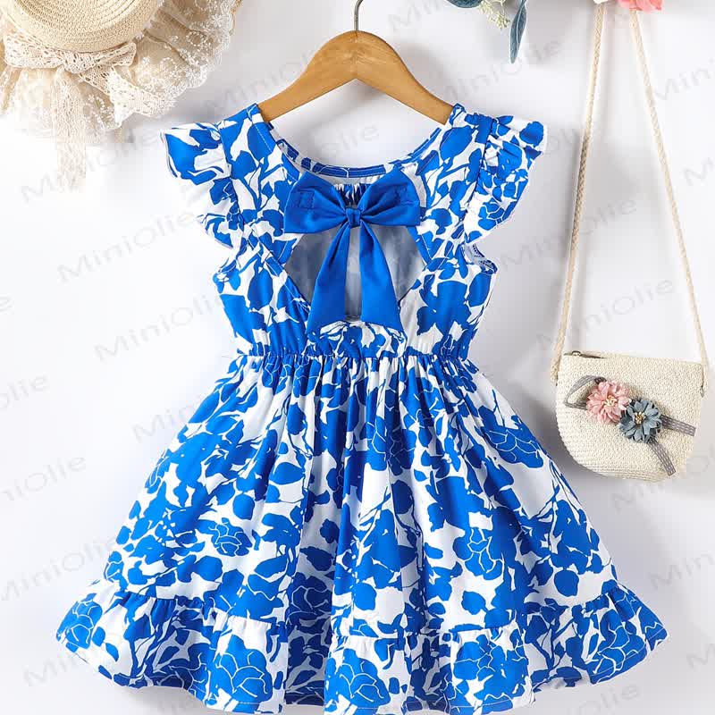 Vestito a trapezio primaverile da bambina con stampa floreale, volant e fiocco. - Blu - 8-9T - image 3