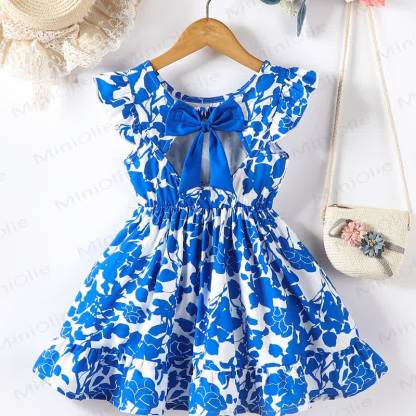 Vestito a trapezio primaverile da bambina con stampa floreale, volant e fiocco. - Blu - 8-9T - image 3