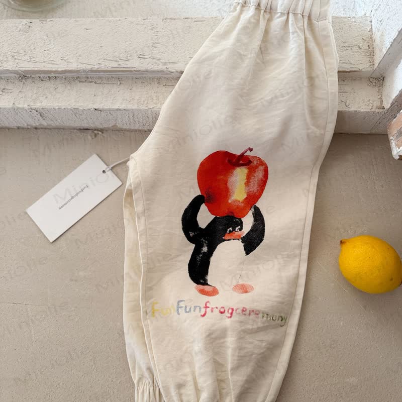 Pantaloni casual in cotone per bambini con stampa a righe e motivo di cibo di animali. - Stampa Penguin - 8-9T - image 2