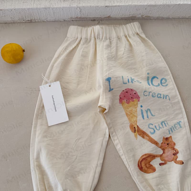 Pantaloni casual in cotone per bambini con stampa a righe e motivo di cibo di animali. - Stampa di gelato - 8-9T - image 3