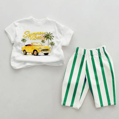 Set da 2 pezzi per auto per bambini SUMMER VIBES a righe verticali verdi. - Bianco e Verde - 2-3T - image 1