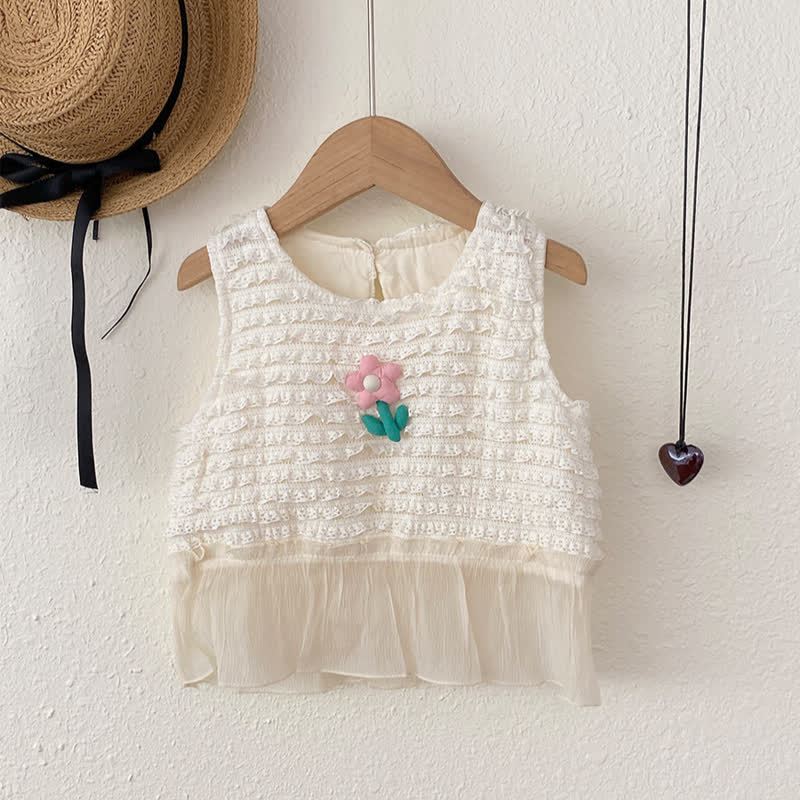 T-shirt senza maniche con arricciatura in pizzo per bambina - Bianco - 6-7T - image 1