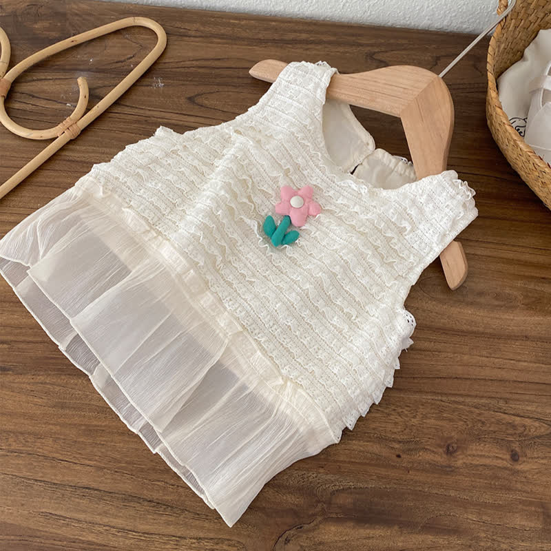 T-shirt senza maniche con arricciatura in pizzo per bambina - image 2