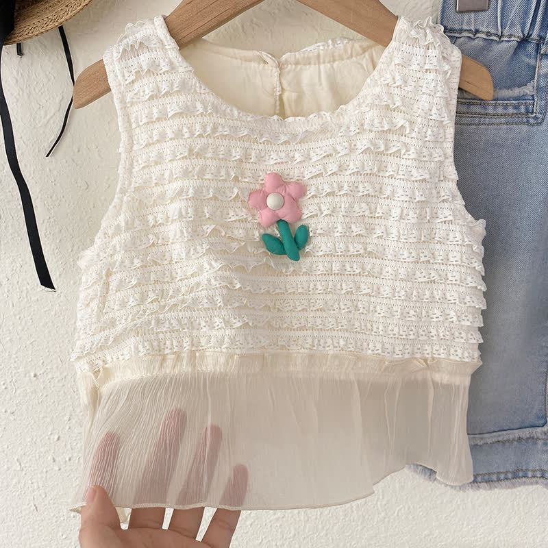 T-shirt senza maniche con arricciatura in pizzo per bambina - image 3