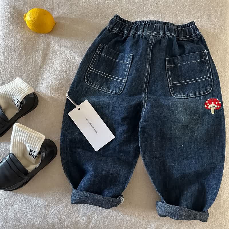 Pantaloni casual in denim di cotone con stampa a funghi per bambini - Marina - 8-9T - image 2