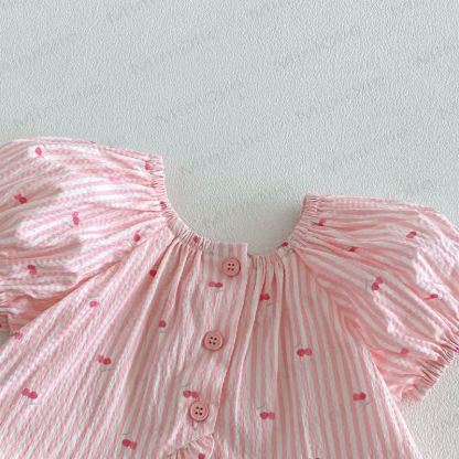 Maglietta a maniche a sbuffo con stampa di ciliegie o pantaloni bianchi in pizzo per neonate. - image 6