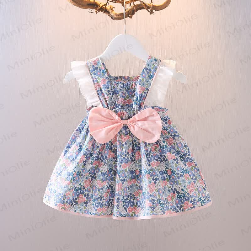 Vestitino senza maniche in cotone con fiocco e stampa floreale per bambina. - Blu - 3-4 anni - image 3