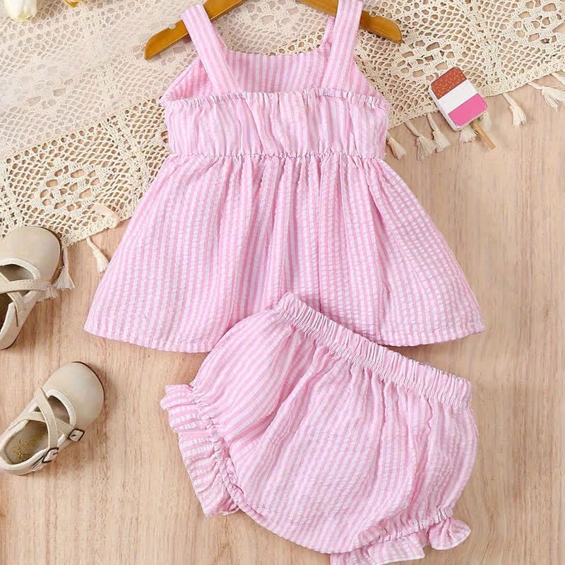 Completo da bambina con canottiera e pantaloncini a righe rosa e fiocco. - image 2