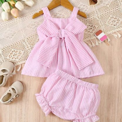 Completo da bambina con canottiera e pantaloncini a righe rosa e fiocco. - Rosa - 2-3 anni - image 1