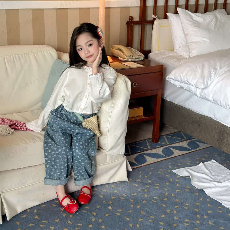 Pantaloni in denim di cotone con stampa floreale per bambini, estivi - image 6