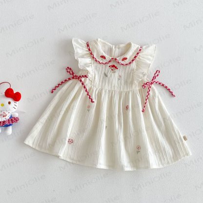 Canotta con fiocco, vestitino senza maniche o pantaloni a quadri per bambina. - Abito beige - 4-5T - image 3