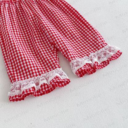 Canotta con fiocco, vestitino senza maniche o pantaloni a quadri per bambina. - image 11