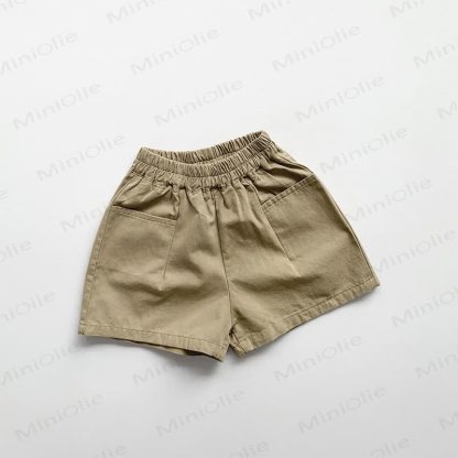 Pantaloncini estivi in ​​cotone a tinta unita per bambini piccoli - Cachi - 6-7T - image 2
