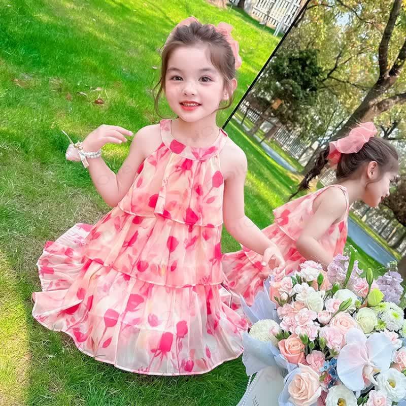 Vestito da bambina in cotone rosa con stampa di tulipani - image 1