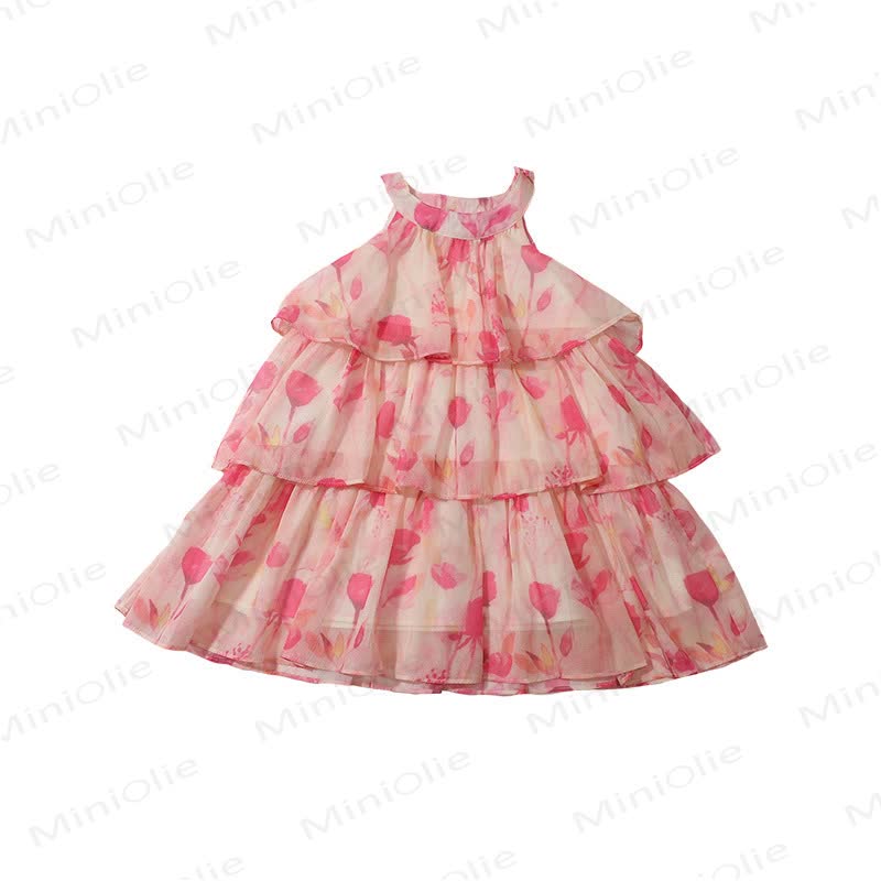 Vestito da bambina in cotone rosa con stampa di tulipani - image 3
