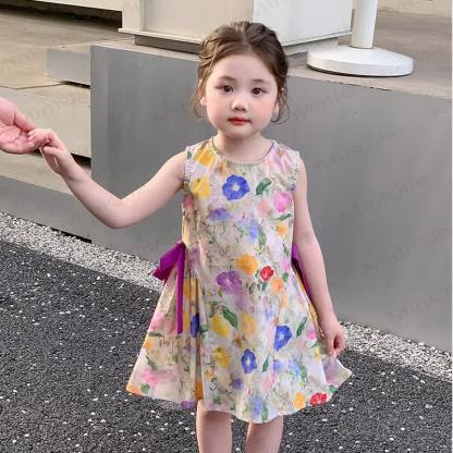 Vestito senza maniche rosa con fiocco floreale per bambina - Rosa - 8-9T - image 1