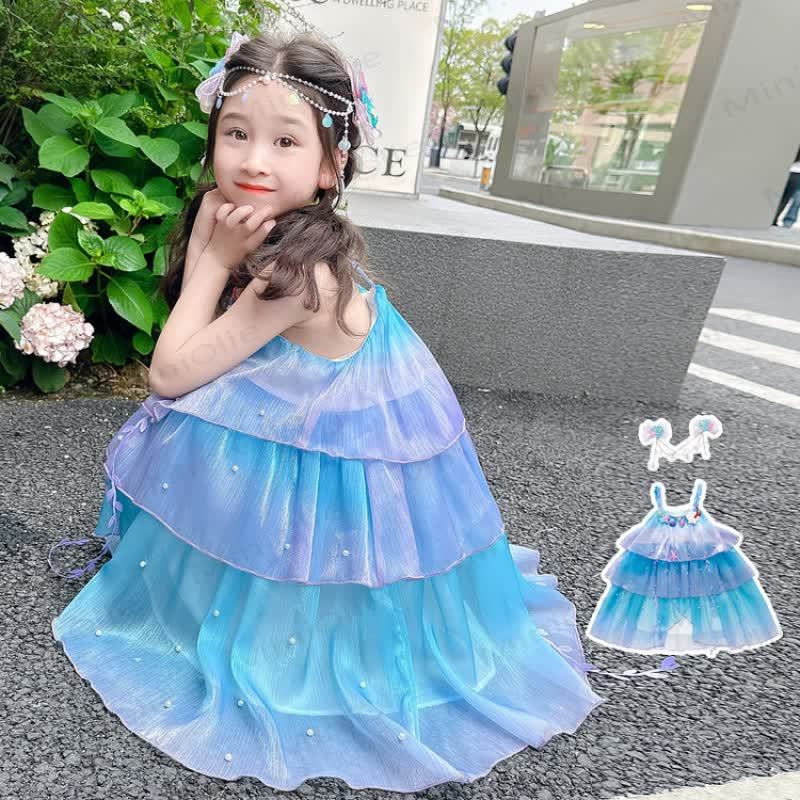 Vestito senza maniche in tulle di cotone per bambina - Blu e copricapo - 10-11T - image 1