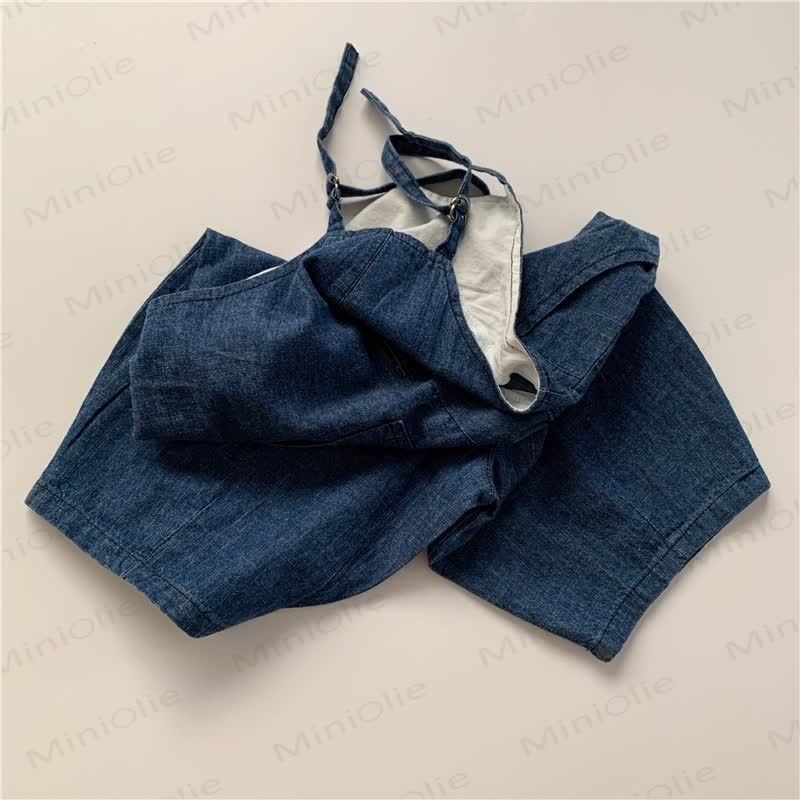 Salopette in denim blu navy tinta unita di cotone per bambini - image 4