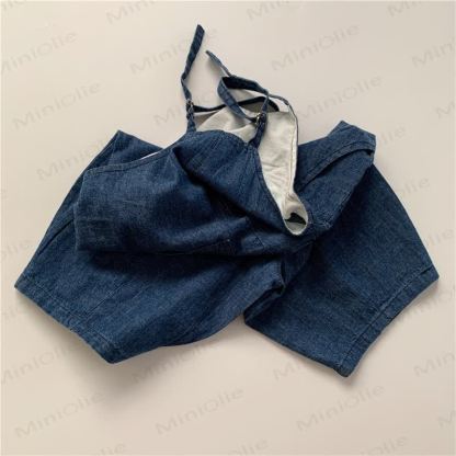 Salopette in denim blu navy tinta unita di cotone per bambini - image 4