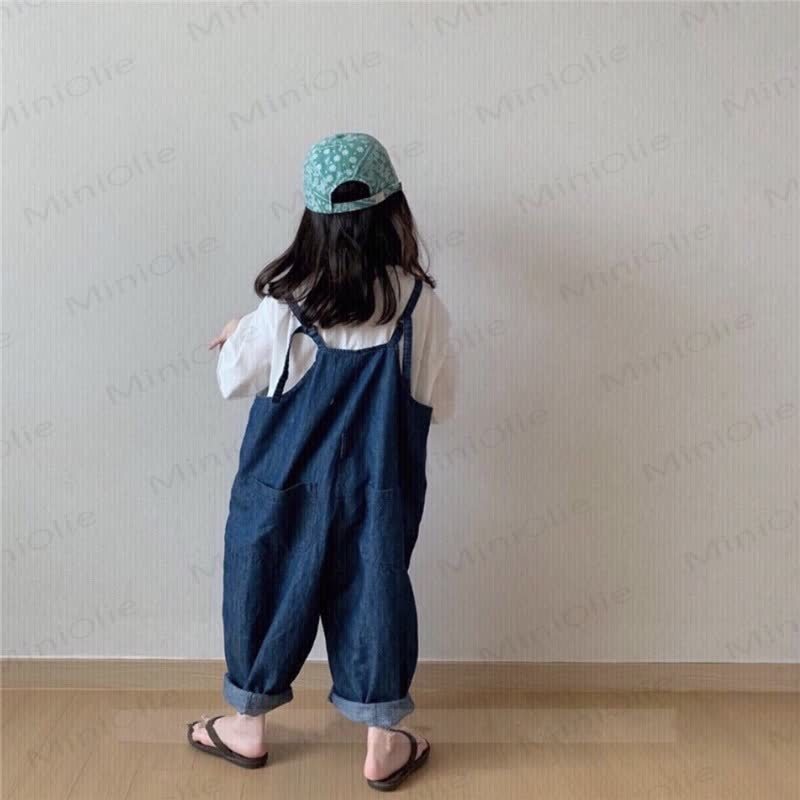 Salopette in denim blu navy tinta unita di cotone per bambini - image 7