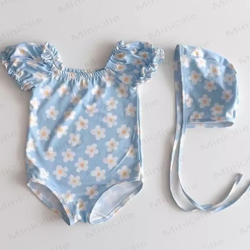 Costume da bagno per bambina con fiori e cuori e cappellino - Fiore blu - 2-3T - image 3