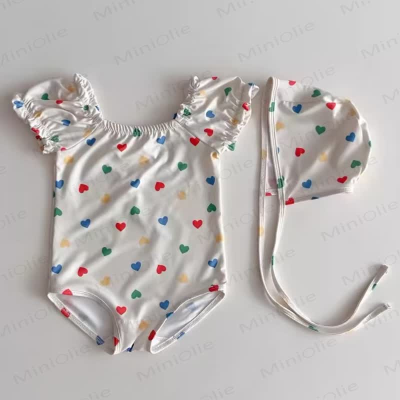 Costume da bagno per bambina con fiori e cuori e cappellino - Cuore Bianco - 2-3T - image 2