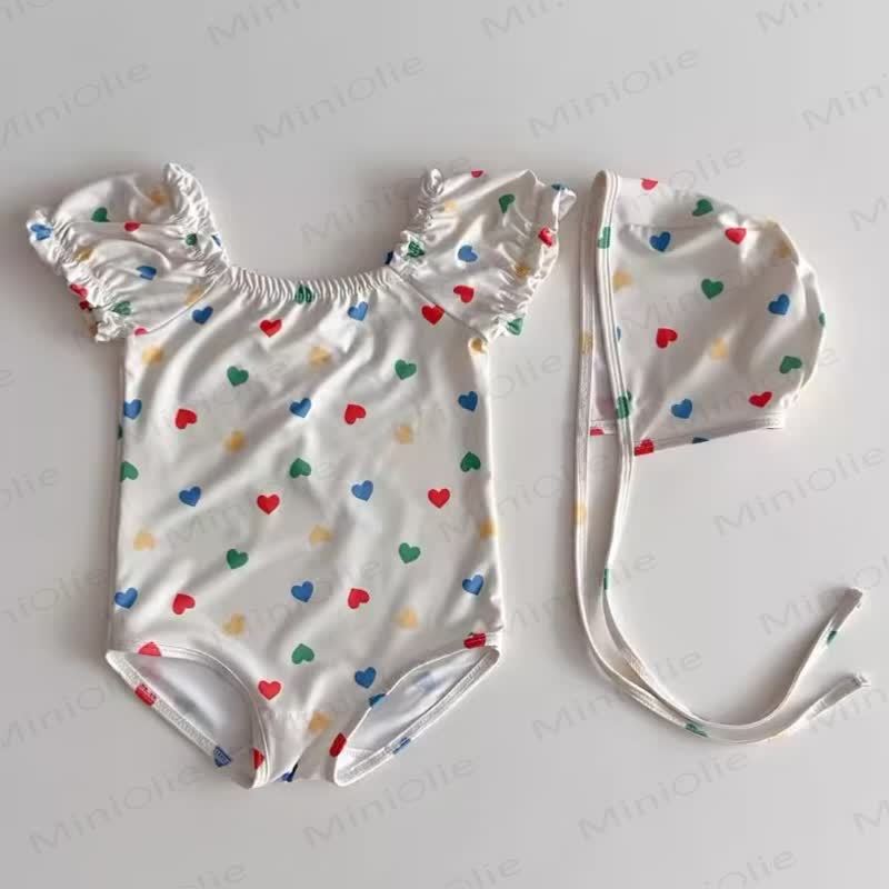 Costume da bagno per bambina con fiori e cuori e cappellino - Cuore Bianco - 2-3T - image 2