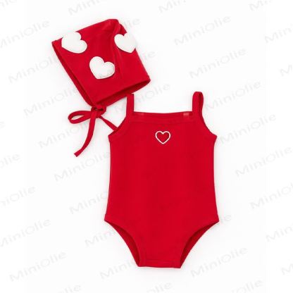 Costume da bagno per bambina con cuoricini e cappellino - Rosso - 2-3T - image 2
