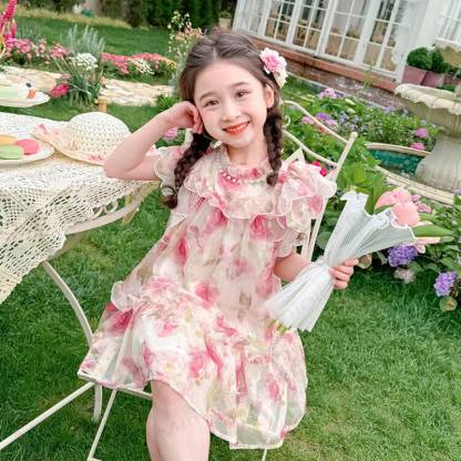 Vestito da bambina in cotone con stampa floreale e volant - Beige - 14-15T - image 1