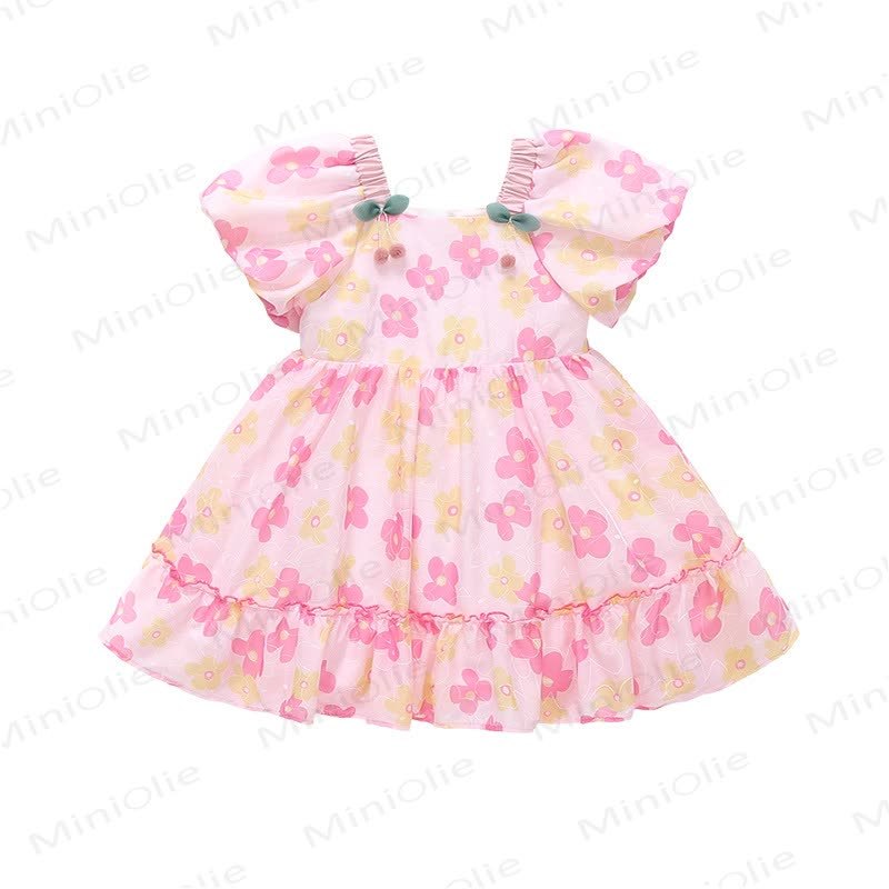 Vestito da bambina in cotone con stampa floreale rosa o verde - image 4