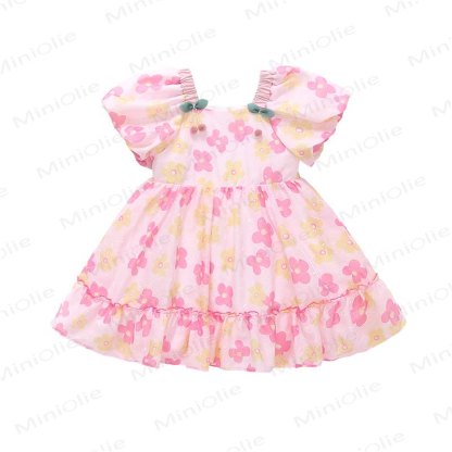 Vestito da bambina in cotone con stampa floreale rosa o verde - image 4
