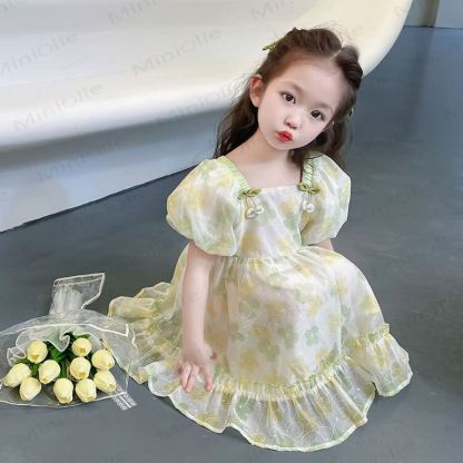 Vestito da bambina in cotone con stampa floreale rosa o verde - Verde - 8-9T - image 3