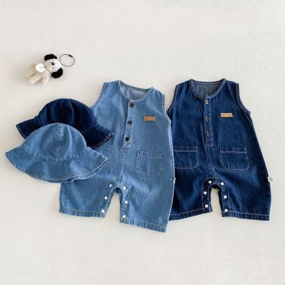 Tutina da neonato in denim senza maniche con cappellino - image 1