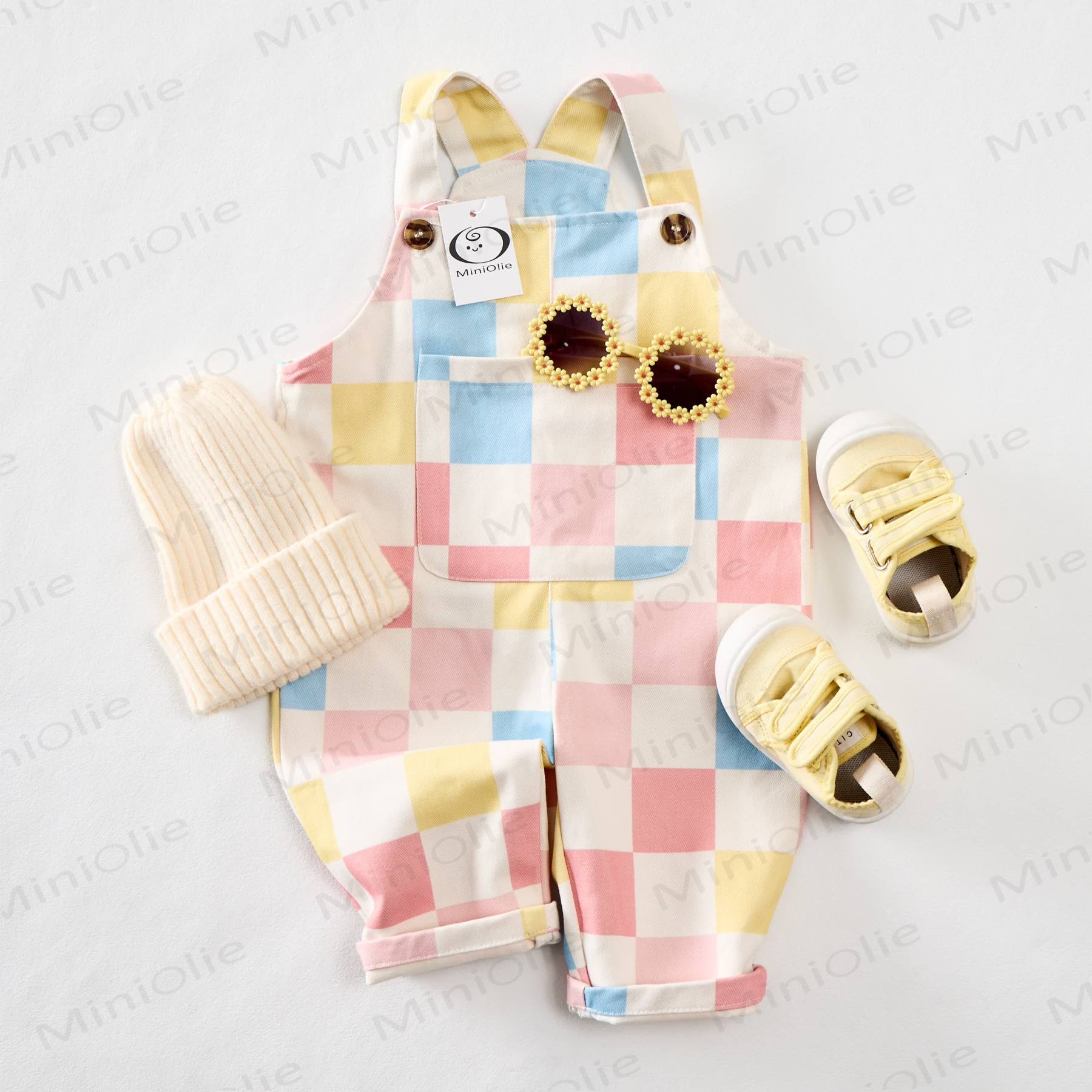 Salopette con tasche a scacchi per neonati e bambini - image 2