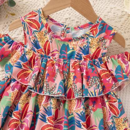 Vestito a trapezio per bambina con stampa floreale e a foglie - image 5