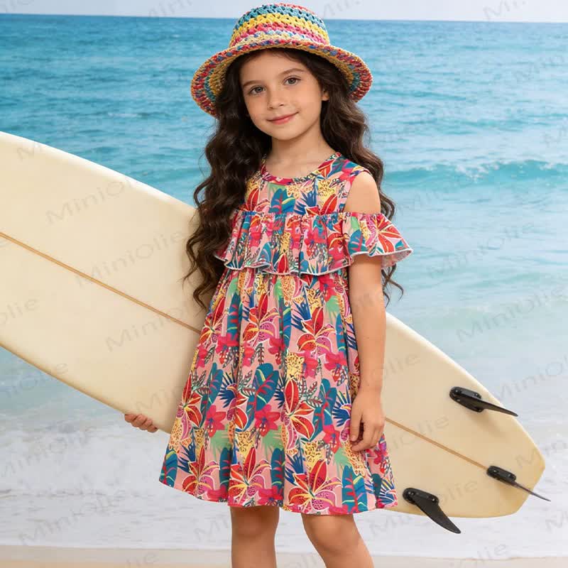 Vestito a trapezio per bambina con stampa floreale e a foglie - image 1