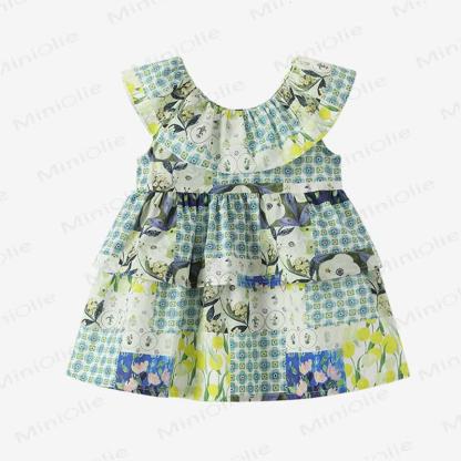 Vestito senza maniche a fantasia floreale e scozzese verde per bambina - image 2