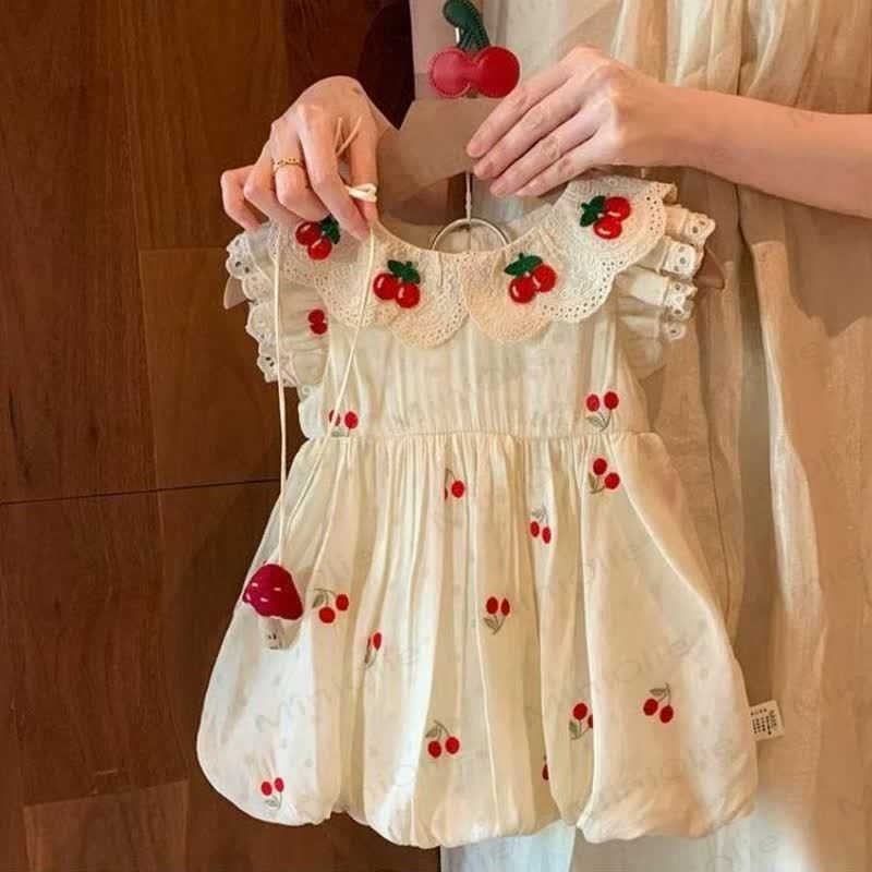 Vestitino senza maniche in cotone e pizzo con stampa di ciliegie per bambina - Beige - 6-7T - image 1