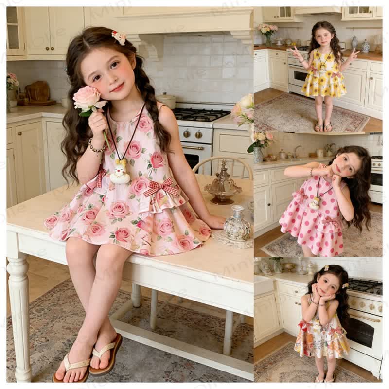 Vestito senza maniche per bambina con stampa a fiori, pois o animalier - image 1