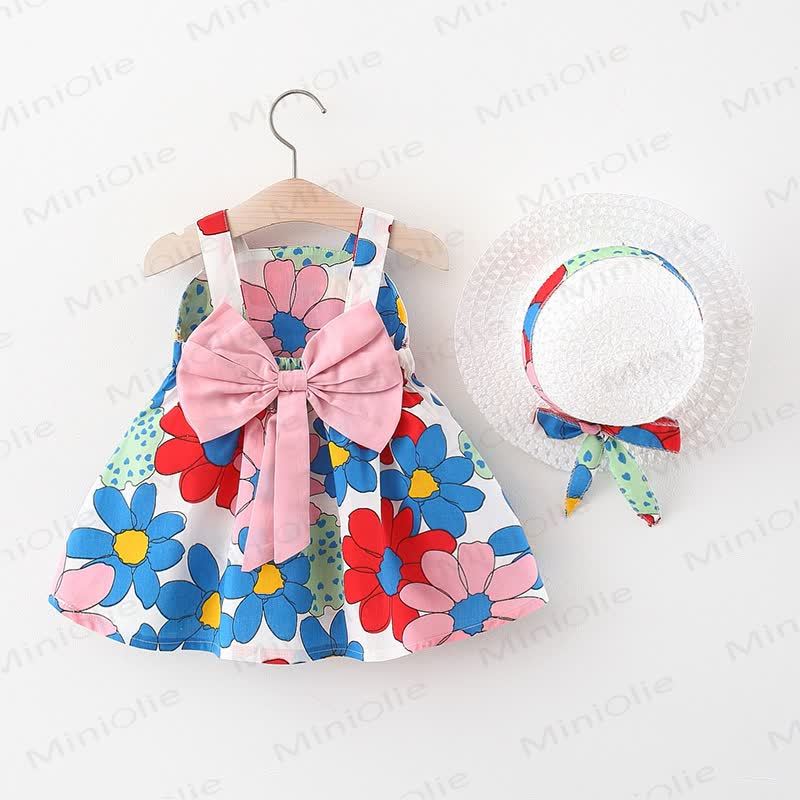 Abito senza maniche in cotone con fiocco floreale per bambina, con cappellino abbinato. - Rosa - 3-4 anni - image 2