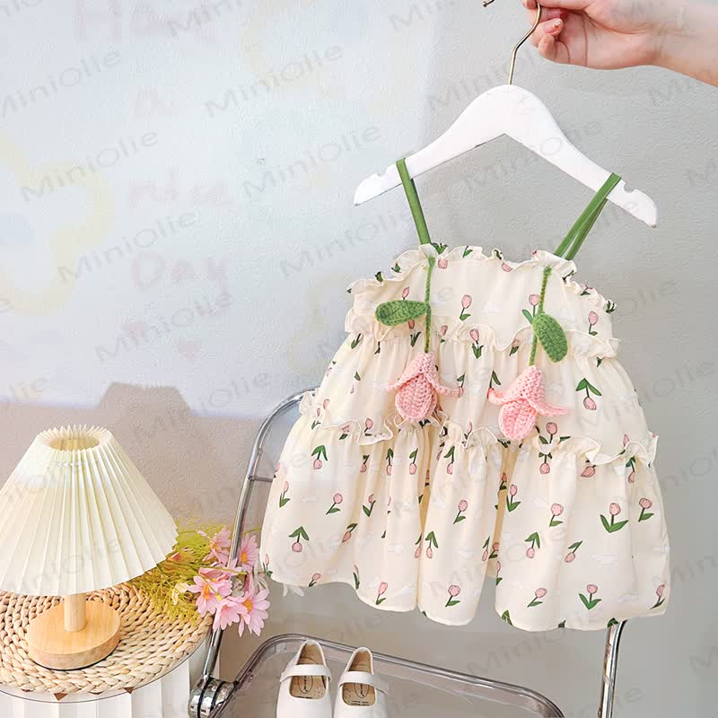 Vestito senza maniche in cotone con stampa di tulipani per bambina - Beige - 4-5T - image 2