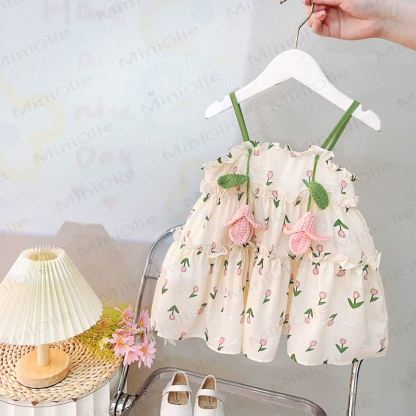 Vestito senza maniche in cotone con stampa di tulipani per bambina - Beige - 4-5T - image 2