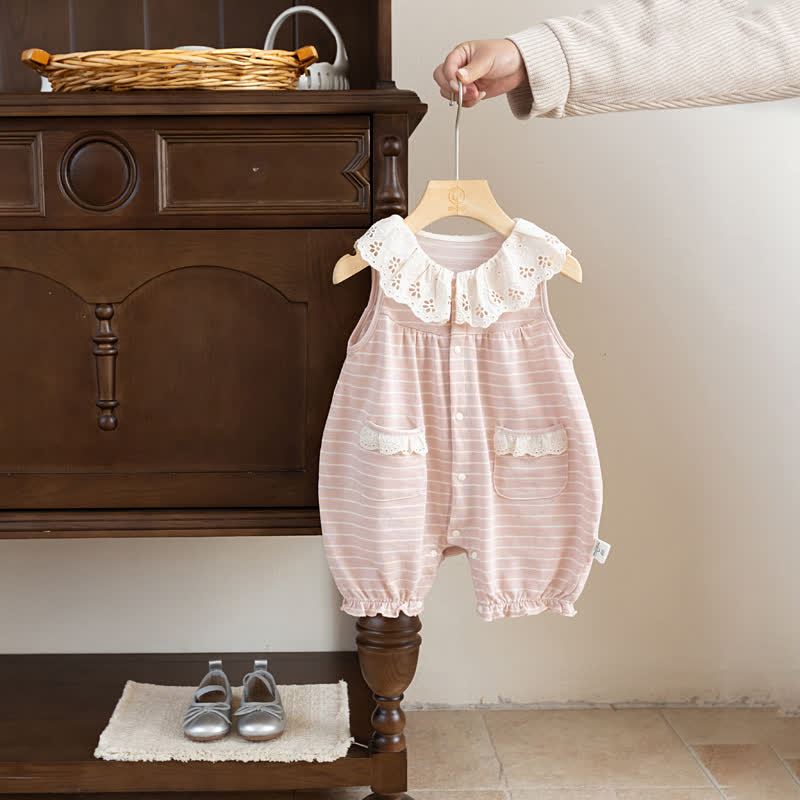 Tutina senza maniche rosa chiaro a righe con colletto in pizzo - Rosa - 18-24 mesi - image 1