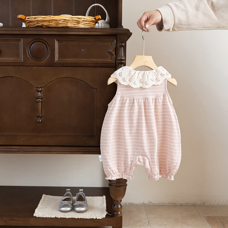 Tutina senza maniche rosa chiaro a righe con colletto in pizzo - image 2